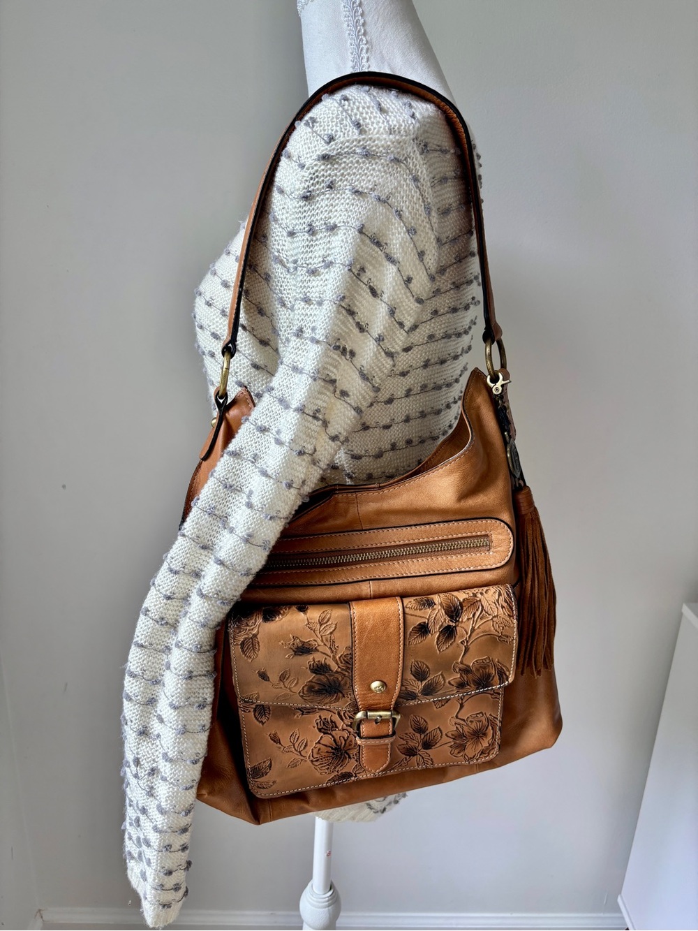 Firenze Bella Light Brown Floral-Embossed Leather Vintage-Inspired Hobo Bag - Picture 1 of 16